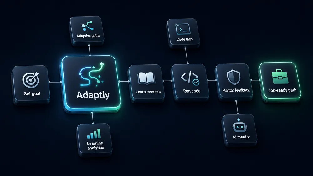 Adaptly product loop: set goal, learn, run code, mentor feedback, job-ready path